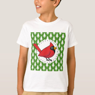 Cartoon rode kardinaal op groen wit pijnpatroon t-shirt
