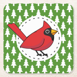 Cartoon rode kardinaal op groen wit pijnpatroon vierkante kartonnen onderzetter