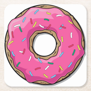 Cartoon roze donut met sprinken vierkante kartonnen onderzetter