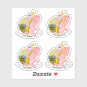 Cartoon roze draak met schat en sticker tekst (Vel)