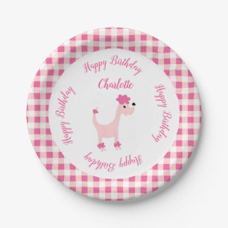 Cartoon roze poodle Posh Paws gingham jarig Papieren Bordje
