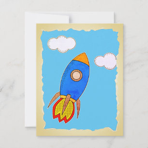 Cartoon ruimte raket in blauwe lucht gescheurd pap kaart