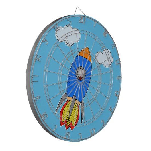 Cartoon ruimteraket in blauwe lucht dartbord (Voorkant Links)