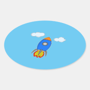 Cartoon ruimteraket in blauwe lucht ovale sticker