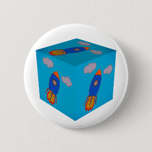 Cartoon Ruimteraket vliegen en Blue Sky Cube Ronde Button 5,7 Cm