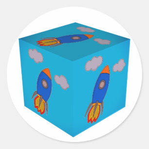 Cartoon Ruimteraket vliegen en Blue Sky Cube Ronde Sticker