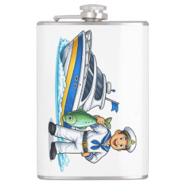 Cartoon Sailor with Yacht and Fish Nautical Art Heupfles