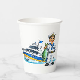 Cartoon Sailor with Yacht and Fish Nautical Art Papieren Bekers