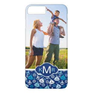 Cartoon Sailships Patroon Uw foto en monogram iPhone 8 Plus / 7 Plus Hoesje