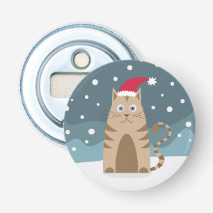 Cartoon santa cat snowy xmas avond button flesopener