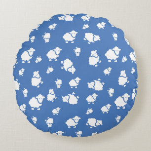 Cartoon Schaap Ronde Kussen – Charmerende Blauwe K