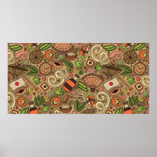 Cartoon schattige hand trekt Japan eten naadloos e Poster
