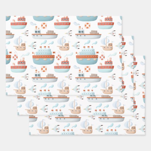 Cartoon Schepen en vogels op witte ontkoppeling Inpakpapier Vel (Set)