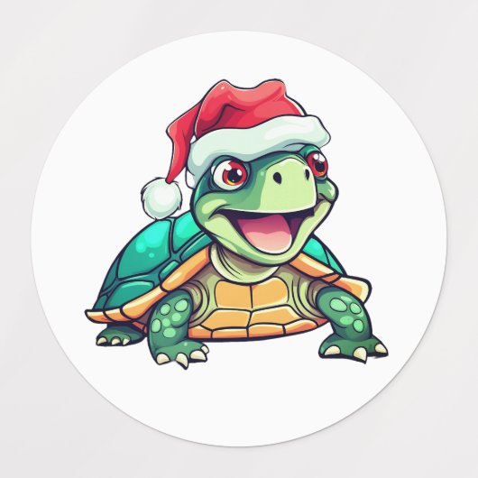 Cartoon schildpad, lachen, met kerstmuts labels (Design 1)