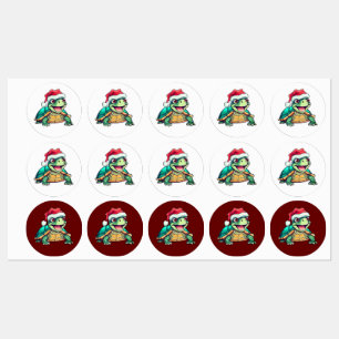 Cartoon schildpad, lachen, met kerstmuts labels
