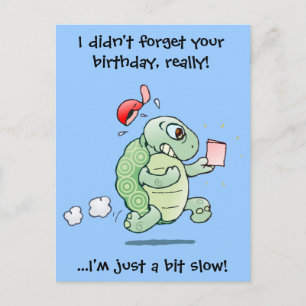 Cartoon schildpad met late verjaardagsgroeten briefkaart