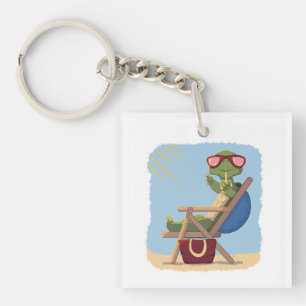 Cartoon Schildpad met Zonnebril Relaxen op Strand Sleutelhanger