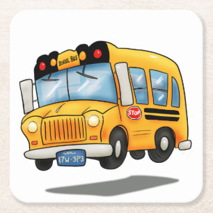 Cartoon School Bus Vierkante Kartonnen Onderzetter