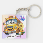 Cartoon schoolbuschauffeur Blijf veilig gepersonal Sleutelhanger (Achterkant)