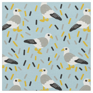 Cartoon Seagulls Light Blue, White, Grey Stof