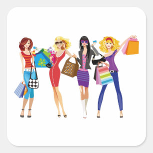 CARTOON SHOPPING GIRLS VECTORS MODE STIJL FUN F VIERKANTE STICKER