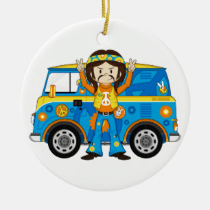 Cartoon Sixties Peace Hippie en Van Keramisch Ornament