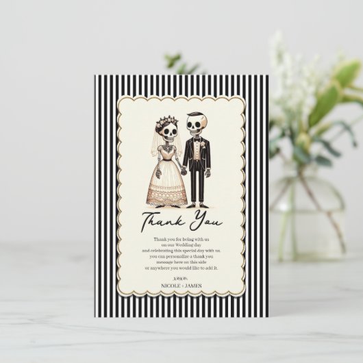 Cartoon Skelet Bruid + bruidegom Bruiloft Dank u Kaart (Staand voorkant)