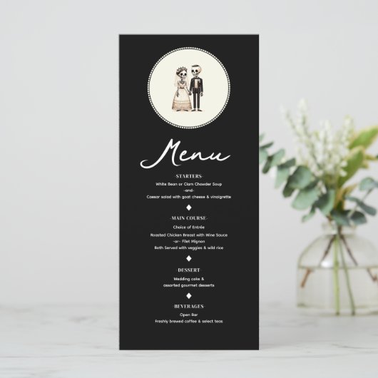 Cartoon Skelet Bruid + bruidegom Bruiloft Menu (Staand voorkant)