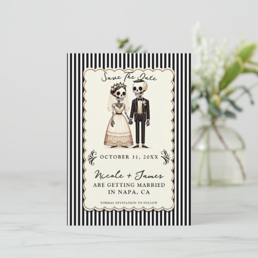 Cartoon Skelet Bruid + bruidegom Save the Date Kaart (Staand voorkant)