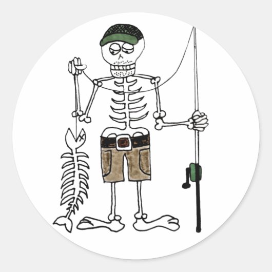Cartoon Skeleton Fisherman met skeletvissen Ronde Sticker (Voorkant)