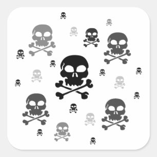 Cartoon Skulls Collage - Grijswaarden Vierkante Sticker