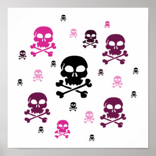 Cartoon Skulls Collage - Roze Poster
