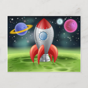 Cartoon Space Rocket op Alien Planet Briefkaart