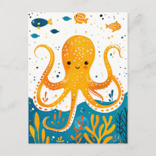 Cartoon speelse octopus met kleurrijke vissen briefkaart
