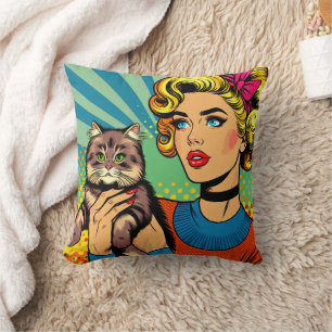 Cartoon strip popart vrouwen die kat vasthouden kussen
