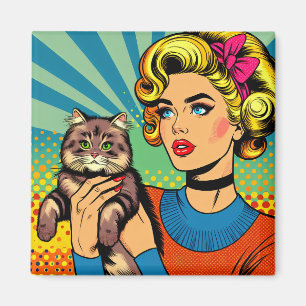 Cartoon strip popart vrouwen die kat vasthouden magneet