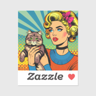 Cartoon strip popart vrouwen die kat vasthouden sticker