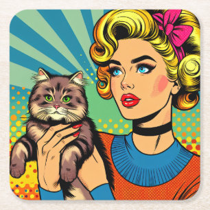 Cartoon strip popart vrouwen die kat vasthouden vierkante kartonnen onderzetter