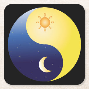Cartoon Sun en Moon, Yin en Yang Symbol Vierkante Kartonnen Onderzetter