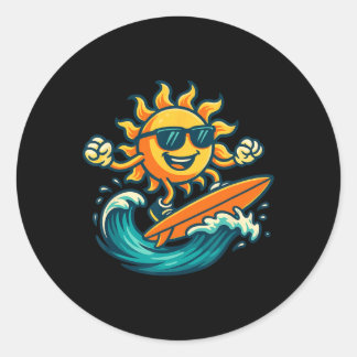 Cartoon Sun Surfing Summer Beach Wave Art  Ronde Sticker
