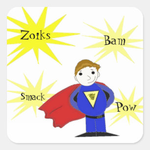 Cartoon Superheld met Actiewoorden Vierkante Sticker