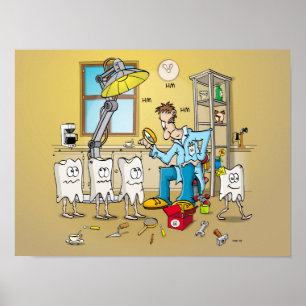 Cartoon ; tanden op controle bij de tandarts poster