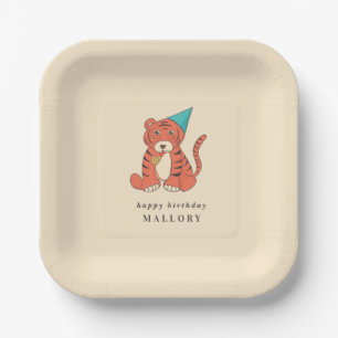 Cartoon Tijger in een Feesthoed Vintage Verjaardag Papieren Bordje