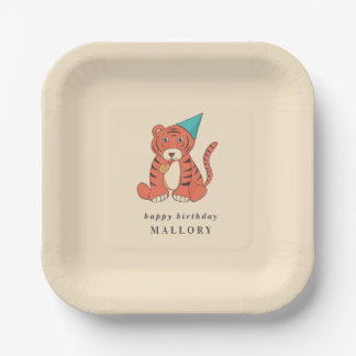Cartoon Tijger in een Feesthoed Vintage Verjaardag Papieren Bordje