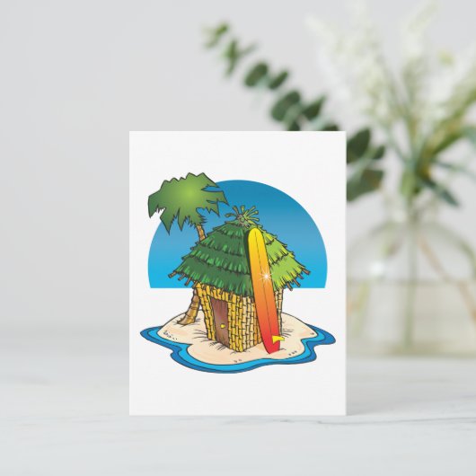 Cartoon Tiki Hut met surfboard en palm Briefkaart (Staand voorkant)