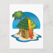Cartoon Tiki Hut met surfboard en palm Briefkaart (Voorkant)