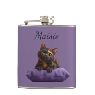 Cartoon Tortoiseshell Kitten op Paarse Kussen Heupfles