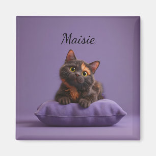 Cartoon Tortoiseshell Kitten op Paarse Kussen Magneet