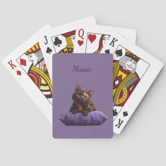 Cartoon Tortoiseshell Kitten op Paarse Kussen Pokerkaarten (Achterkant)