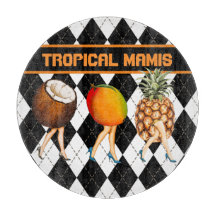 Cartoon Tropical Fruits Ladies On Black & White C